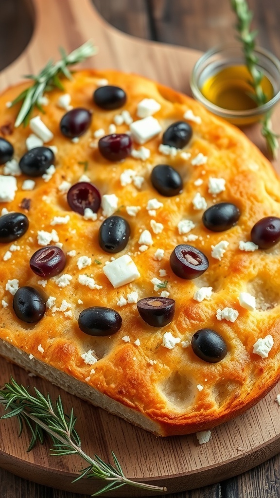 Golden-brown Greek focaccia bread with olives and feta, garnished with rosemary on a wooden board.